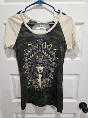 Camo Graphic Raglan Tee with Cream Sleeves - Green & Cream